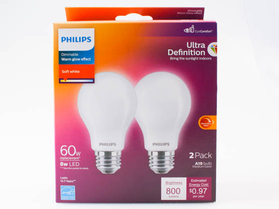 Philips Lighting 573436 8A19/PER/UD/FR/G/E26/WGD 4/2PFT20 Philips Dimmable 8W Warm Glow 2700K-2200K A-19 LED Bulb, Frosted Glass, 95 CRI, Outdoor Rated, Title 20 Compliant (Pack of 2)