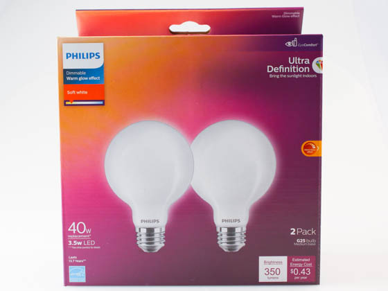 Philips Lighting 573352 3.5G25/PER/UD/FR/G/E26/WGD 4/2PF T20 Philips Dimmable 3.5W Warm Glow 2700K-2200K 90 CRI G25 Globe LED Bulb, Title 20 Compliant, Wet Rated