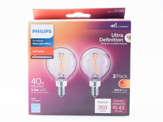 Philips Lighting 573303 3.5G16.5/PER/UD/CL/G/E12WGD6/2PFT20 Philips Dimmable 3.5W Warm Glow G-16.5 Globe LED Bulb, 2700K-2200K, Title 20 Compliant, Wet Rated