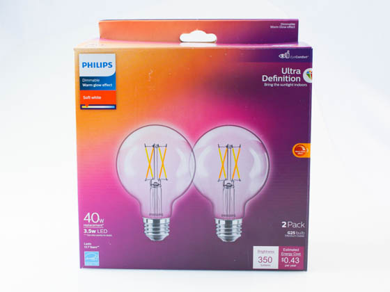 Philips Lighting 573345 3.5G25/PER/UD/CL/G/E26/WGD 4/2FP T20 Philips Dimmable 3.5W Warm Glow 2700K-2200K 90 CRI G25 Clear Filament LED Bulb, Title 20 Compliant, Wet Rated