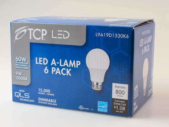 TCP L9A19D1530K6 Dimmable 9 Watt 3000K A-19 LED Bulb, Enclosed Fixture Rated