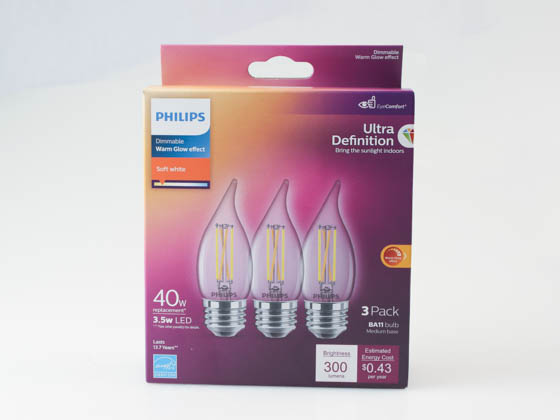 Philips Lighting 566679 3.5BA11/PER/UD/CL/G/E26/WGD 6/3PF T20 Philips Dimmable 3.5W Warm Glow BA-11 LED Bulb, 2700K-2200K, E26 Base, Wet Rated