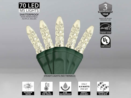 Wintergreen 83004 70 M5 Warm White LED Lights, Green Wire, 4" Spacing 24 Ft. Holiday Green String Lights with M5 Warm White LED Bulbs