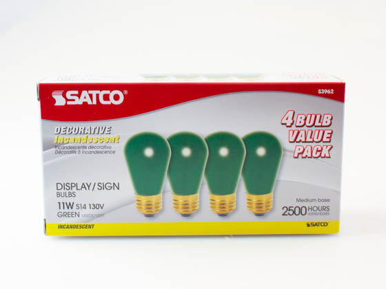 Satco Products, Inc. S3962 11S14 GREEN 4-PACK Satco 11 Watt S14 Incandescent Ceramic Green Lamp, Medium base; 130 Volt