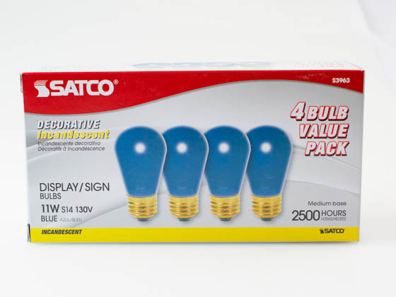 Satco Products, Inc. S3963 11S14 BLUE 4-PACK Satco 11 Watt S14 Incandescent Ceramic Blue Lamp, Medium base, 130 Volt