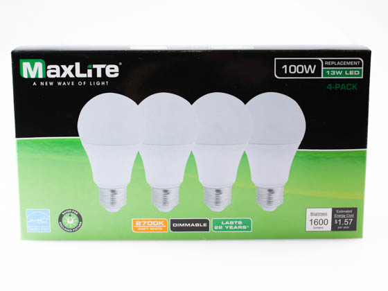 MaxLite 109714 E13A19D27/4P/WS2T  4PACK Maxlite Dimmable 13W 2700K A19 LED Bulb, Enclosed Fixture Rated (Pack of 4)
