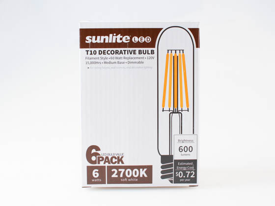 Sunlite 41150-SU T10/LED/FS/6W/E26/CL/27K/128MM/6PK Dimmable 6 Watt 2700K T10 LED Filament Bulb