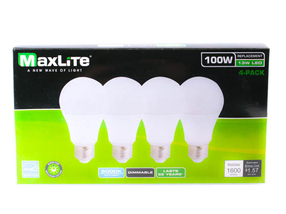 MaxLite 109715 E13A19D50/4P/WS2T Maxlite Dimmable 13W 5000K A19 LED Bulb, Enclosed Fixture Rated (Pack of 4)