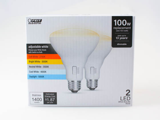 Feit Electric BR30100DM5CCTCA15K/2 Feit 15.5W 5 Color Selectable BR30 LED Bulb, 100W Incandescent Replacement