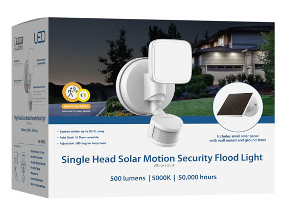 Feit Electric S6/500/850/SOL/WH Feit Single Head Solar Dusk to Dawn and Motion Security LED Flood Light, 5000K, 500 Lumens, White Finish