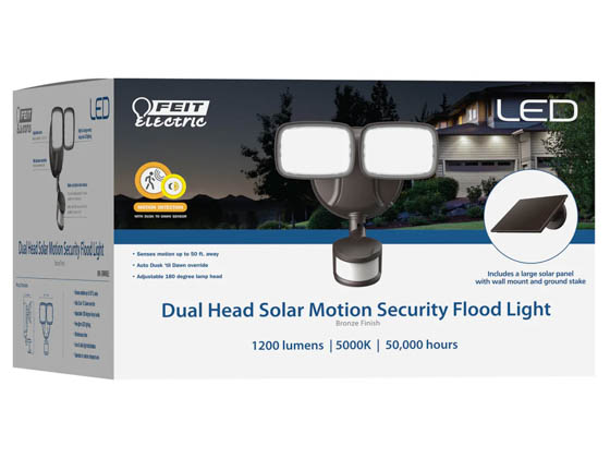 Feit Electric S9.5/1200/850/SOL/BZ Feit Dual Head Solar Dusk to Dawn and Motion Security LED Flood Light, 5000K, 1200Lumens, Bronze Finish