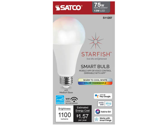 Satco Products, Inc. S11287 13A21/LED/RGB/TW/T20/SF Satco Starfish Smart Wi-Fi 13 Watt LED Color Changing and Tunable White A21 Lamp