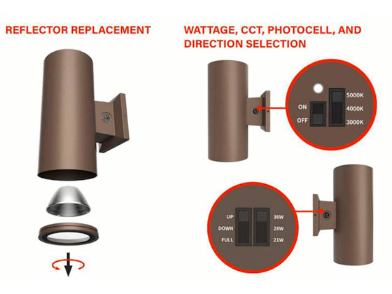 Keystone KT-CYLED20PS-4A-WDI-OSG-8CSB-V KT-CYLED20PS-4A-WDI-OSG-8CSB-VDIM Sentinel 4" LED Wall Mount Cylinder Up/Down Fixture Wattage (12/16/20W) and Color Selectable Includes Adjustable Beam Angle and Photocell