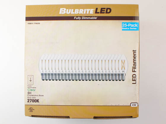 Bulbrite 776235 LED4B11/27K/FIL/D/B/2/25P Dimmable 4W 2700K B-11 Filament LED Bulb, Enclosed Rated