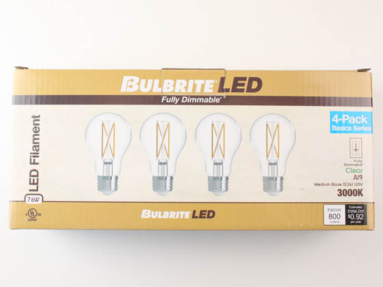 Bulbrite 776227 LED7A19/30K/FIL/D/B/2/4P Dimmable 7W 3000K A-19 Filament LED Bulb, Enclosed Fixture Rated