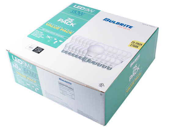 Bulbrite 774257 LED9A19/PF60W/927/D/2/25P 9 Watt Dimmable A19 LED Bulb, 2700K, 60 Watt Equivalent, T20 Compliant
