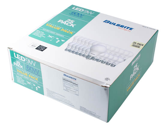 Bulbrite 774258 LED9A19/PF60W/930/D/2/25P 9 Watt Dimmable A19 LED Bulb, 3000K, 60 Watt Equivalent, T20 Compliant