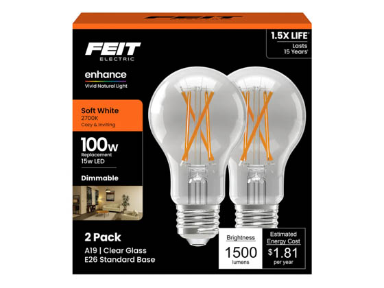 Feit Electric A100CL927CA/FIL/2 DIM A19 CLR FIL LED 27K 2/CD Feit 15 Watt Clear Filament A-19 LED Bulb, 2700K, 100 Watt Equivalent, 90 CRI