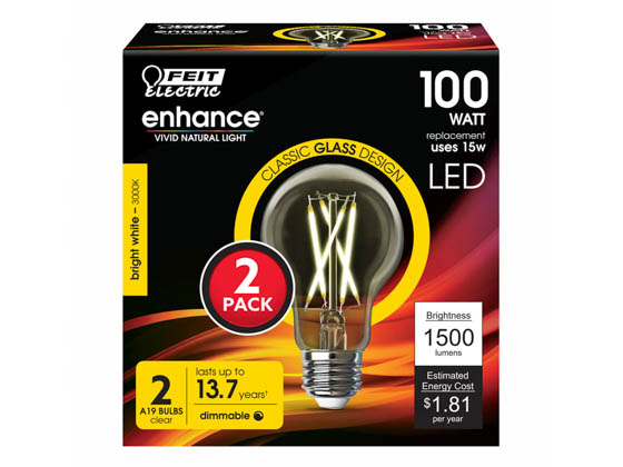 Feit Electric A100CL930CA/FIL/2 DIM A19 CLR FIL LED 3K 2/CD Feit 15 Watt Clear Filament A-19 LED Bulb, 3000K, 100 Watt Equivalent, 90 CRI