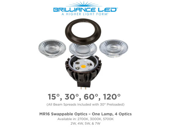 Brilliance LED MR16-7-3000-6 Brilliance Dimmable 7W MR16 LED Bulb, Includes 4 15/30/60/120 Degree Swappable lenses, 8V-25V, 3000K