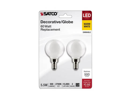 Satco Products, Inc. S21814 5.5G16.5/LED/WH/927/120V/E12/2 Satco 5.5W Dimmable G-16.5 White Filament LED Bulb, Enclosed Rated, 2700K