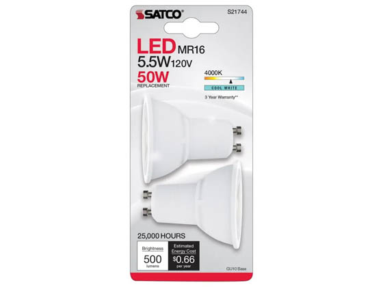 Satco Products, Inc. S21745 5.5MR16/LED/40'/850/GU10/2PK Satco 5.5 Watt MR-16 LED Lamp, GU10 base, 5000K, 120 Volt