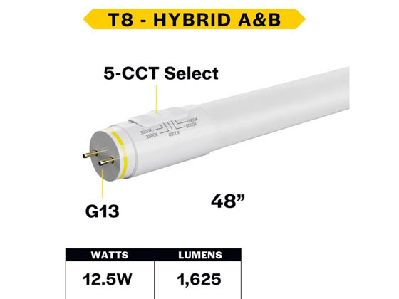 Halco Lighting 87302 48T8-12-8CS-HYB-D-LED2 Halco 12.5 Watt 48" 5 Color Selectable T8 Hybrid LED Lamp, NSF Rated