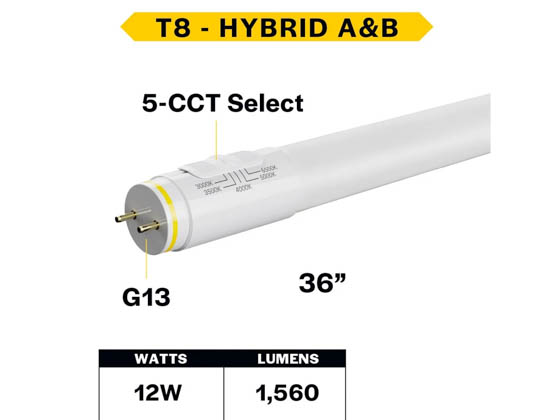 Halco Lighting 87301 36T8-12-8CS-HYB-D-LED2 Halco 12 Watt 36" 5 Color Selectable T8 Hybrid LED Lamp, NSF Rated