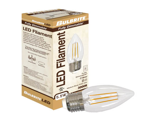 Bulbrite 776733 LED5B11/27K/FIL/E26/3 Dimmable 5.5W 2700K Decorative Filament LED Bulb, Enclosed and Outdoor Rated