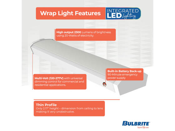 Bulbrite 773505 LED20WRAP/2FT-BB/5CCT/927-950/J/WH/D 24" LED Wrap Fixture 20W Color Selectable (27/30/35/40/50K) with Emergency Battery Backup