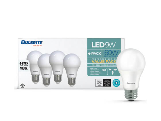 Bulbrite 774255 LED9A19/PF60W/940/D/2/4P 9 Watt Dimmable A19 LED Bulb, 4000K, 60 Watt Equivalent, T20 Compliant