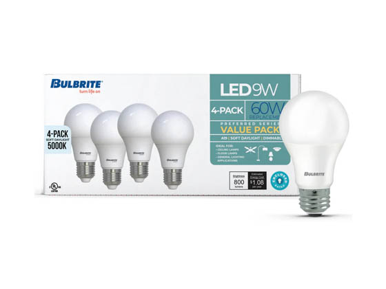 Bulbrite 774256 LED9A19/PF60W/950/D/2/4P 9 Watt Dimmable A19 LED Bulb, 5000K, 60 Watt Equivalent, T20 Compliant