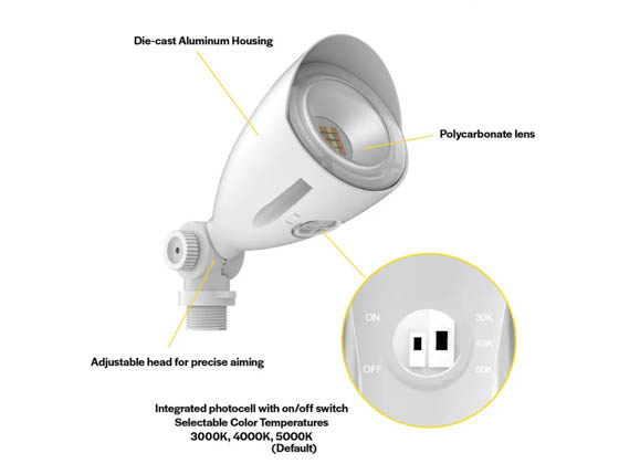 Halco Lighting 25591 MBUL-10-CS-U-WH Halco LED Bullet Flood 10W 60° Wide Beam 3000/4000/500K Selectable Knuckle Mount White Finish