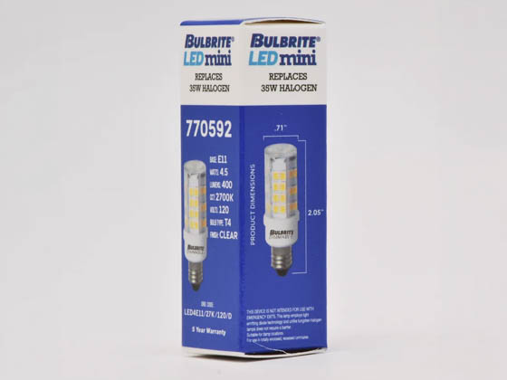 Bulbrite 770592 LED4E11/27K/120/D T6 LED Bulb, 4.5W Dimmable, E11 Base, Clear, 2700K Warm White