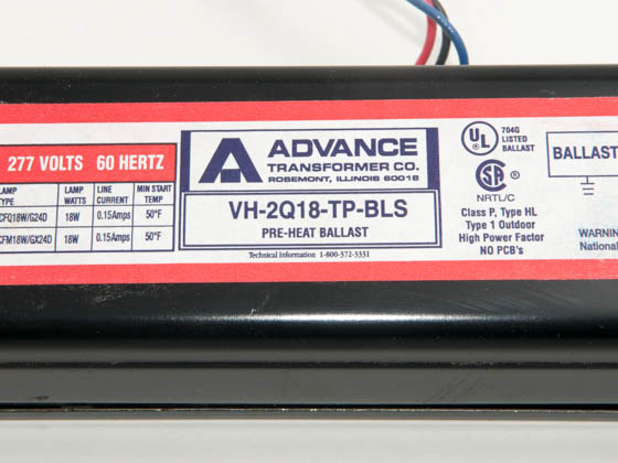 Advance Transformer VH2Q18TPBLS VH2Q18TPBLS (277V) Philips Advance 18 Watt, 277 Volt Two Lamp Plug-in CFL Magnetic Ballast