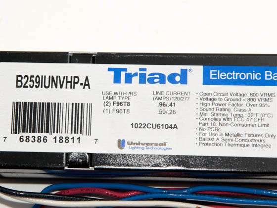 Universal Triad Electronic Ballast B259I120HPL For 1 or 2 F96T8 Lamps 120VAC 