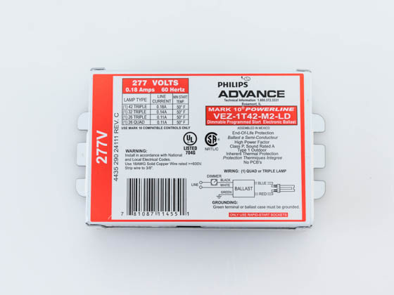 Advance Transformer VEZ-1T42-M2-LDK VEZ1T42M2LDK Philips Advance Electronic Dimming Ballast 277V for (1) CFL on Line Voltage Switches
