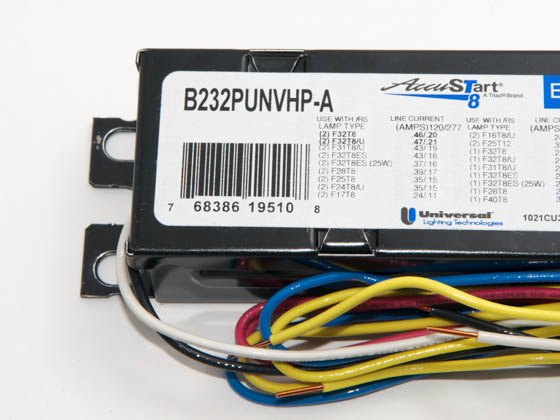 Universal Douglas B232PUNVHP-A000I B232PUNVHP-A000I (DISC - Use B232PUNVHE-B010C) Universal 120-277 Volt Two Lamp F32T8 Electronic PRS Ballast, Standard Ballast Factor Model