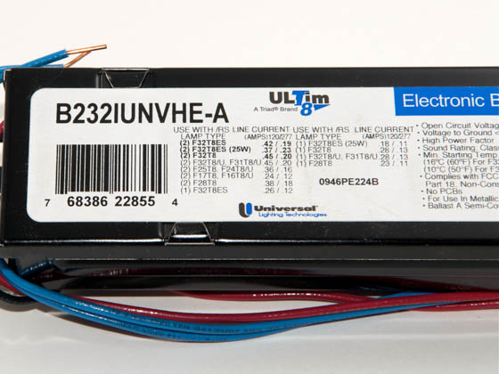 Universal Douglas B232IUNVHE-A010C Universal 120-277 Volt Two Lamp High Efficiency F32T8 Electronic IS Ballast, Standard Ballast Factor Model