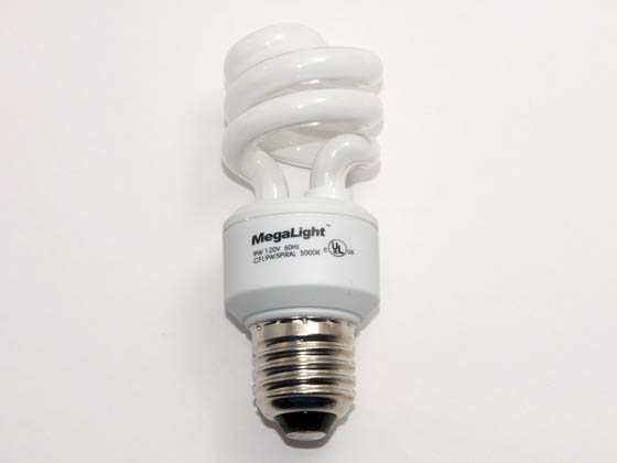 Megalight, Inc. S28009-5000 9W/5000K Spiral 40 Watt Incandescent Equivalent, 9 Watt, 120 Volt Bright White Spiral CFL Bulb