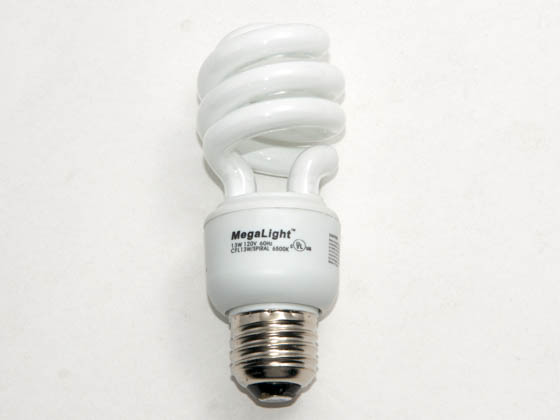 Megalight, Inc. S28013-6500 13W/6500K Spiral 60W Incandescent Equivalent.  13 Watt, 120 Volt Daylight White CFL Bulb