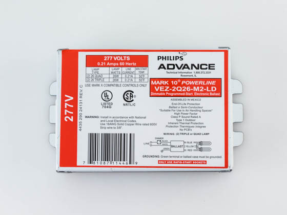 Advance Transformer VEZ2Q26M2LDK Philips Advance Electronic Dimming Ballast 277V for (2) 26W CFL for Line Voltage Switches