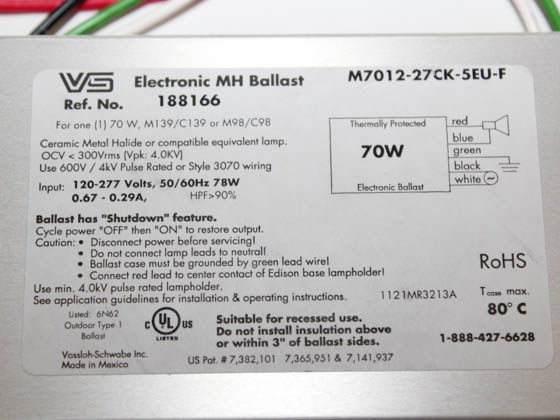 Universal Douglas 188166.02 M7012-27CK-5EU-F Universal Electronic Ballast 120V to 277V for 70W Metal Halide Lamp