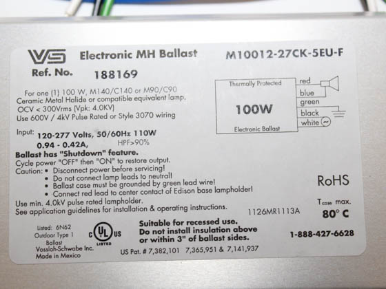 Universal Douglas 188169.02 M10012-27CK-5EU-F Universal Electronic Ballast 120V to 277V for 100W Metal Halide