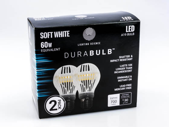 Lighting Science FG-02641 LS A19DB 60WE W27 120 2PK Dimmable 7.5 Watt 2700K Durabulb A-19 LED Bulb 2-Pack