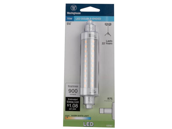 Westinghouse 03187 9R7S/LED/27 Non-Dimmable 9W Double-Ended 2700K J-Type Clear LED Bulb, Enclosed Rated