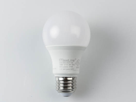 MaxLite 14099394 E9A19DLED27/G6 Maxlite Dimmable 9 Watt 2700K A19 LED Bulb, Enclosed Rated