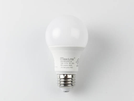 MaxLite 14099398 E9A19DLED40/G6 Maxlite Dimmable 9 Watt 4000K A19 LED Bulb, Enclosed Rated