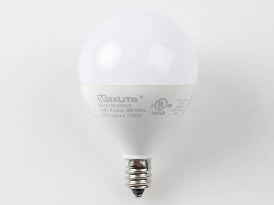 MaxLite 1409944 5G16.5DLED927 Maxlite Dimmable 5W 2700K 90 CRI G-16.5 Frosted Globe LED Bulb, E12 Base, Title 20 Compliant