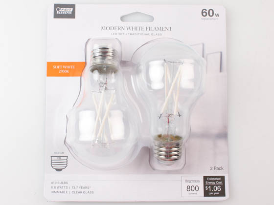 Feit Electric A1960CL927CAWFIL/2 Feit Dimmable 8.8 Watt 2700K A-19 LED Bulb, Exposed White Filament, 60 Watt Equivalent